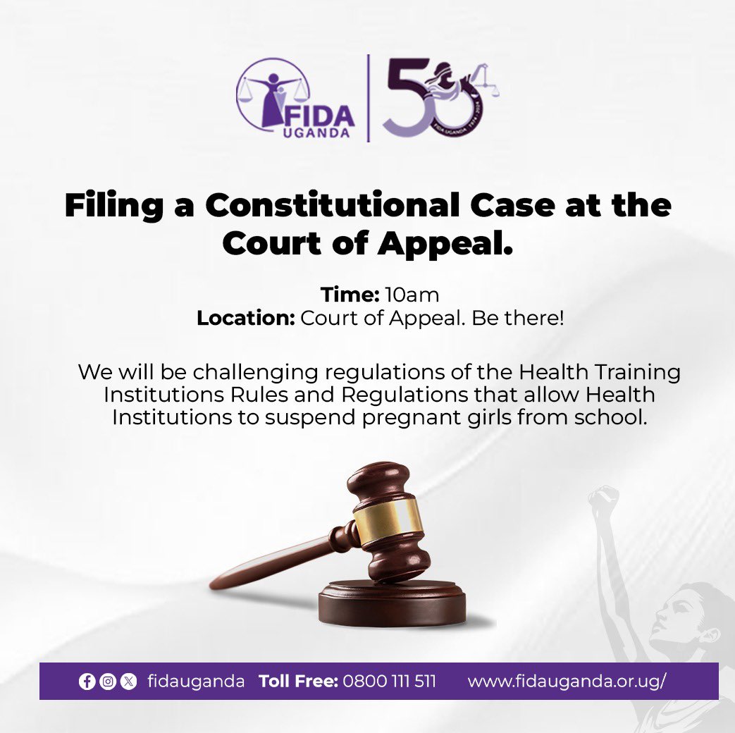 📢Join us as we take a bold step for justice!

FIDA Uganda will be filing a Constitutional Case at the Court of Appeal challenging regulations that allow the suspension of pregnant girls from Health Training Institutions.

🕙 Time: 10am
📍 Location: Court of Appeal — Be there and