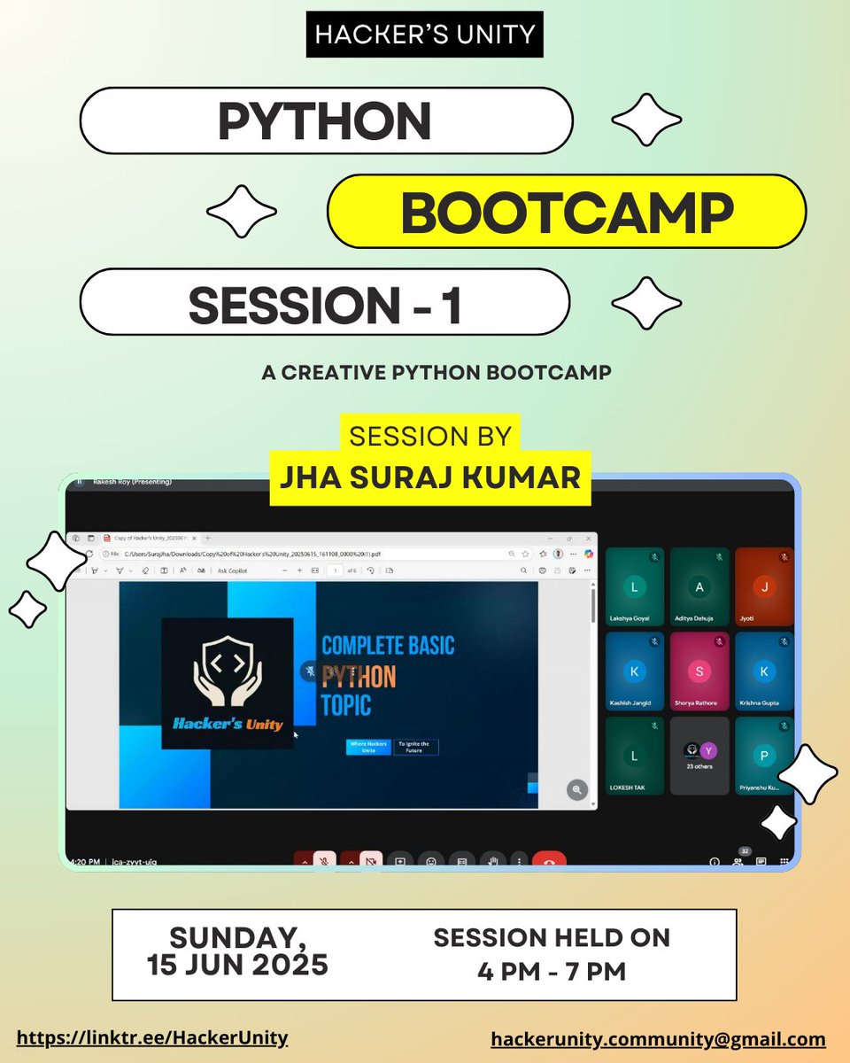 Hackers_Unity's tweet photo. 🚀 Creative Python Bootcamp – Session 1 successfully conducted by Jha Suraj Kumar on 15th June 2025 (4 PM – 7 PM)

From coding basics to real-time execution, participants explored Python in a whole new way!

#HackersUnity #PythonBootcamp #CreativeCoding #PythonLearning https://t.co/puXQLHiNUx