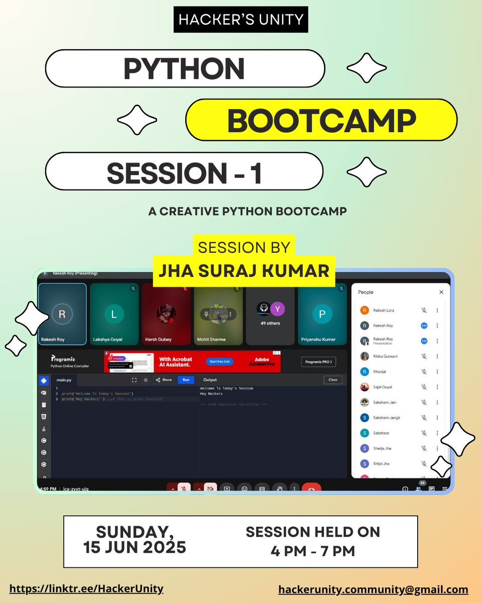Hackers_Unity's tweet photo. 🚀 Creative Python Bootcamp – Session 1 successfully conducted by Jha Suraj Kumar on 15th June 2025 (4 PM – 7 PM)

From coding basics to real-time execution, participants explored Python in a whole new way!

#HackersUnity #PythonBootcamp #CreativeCoding #PythonLearning https://t.co/puXQLHiNUx