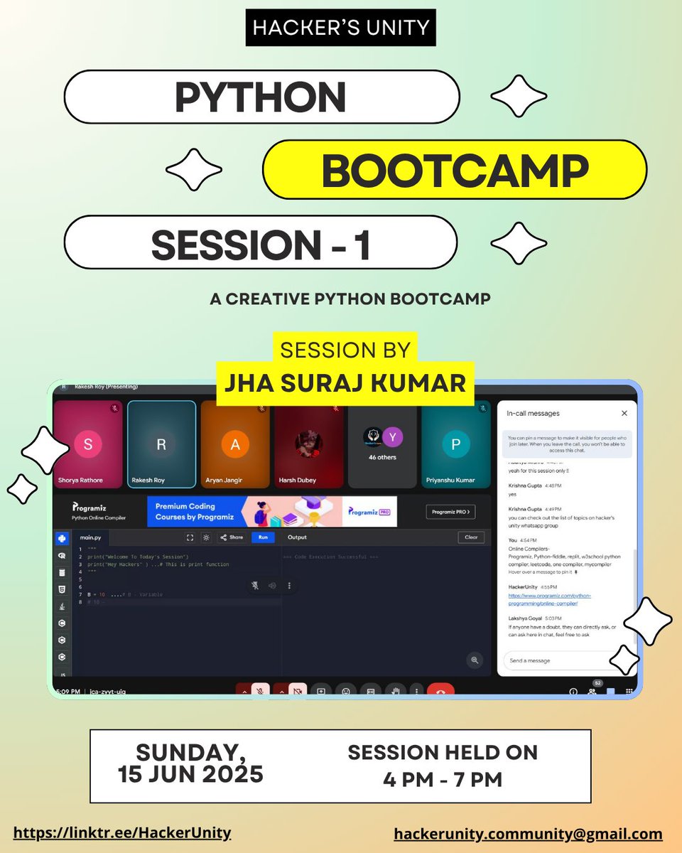 Hackers_Unity's tweet photo. 🚀 Creative Python Bootcamp – Session 1 successfully conducted by Jha Suraj Kumar on 15th June 2025 (4 PM – 7 PM)

From coding basics to real-time execution, participants explored Python in a whole new way!

#HackersUnity #PythonBootcamp #CreativeCoding #PythonLearning https://t.co/puXQLHiNUx