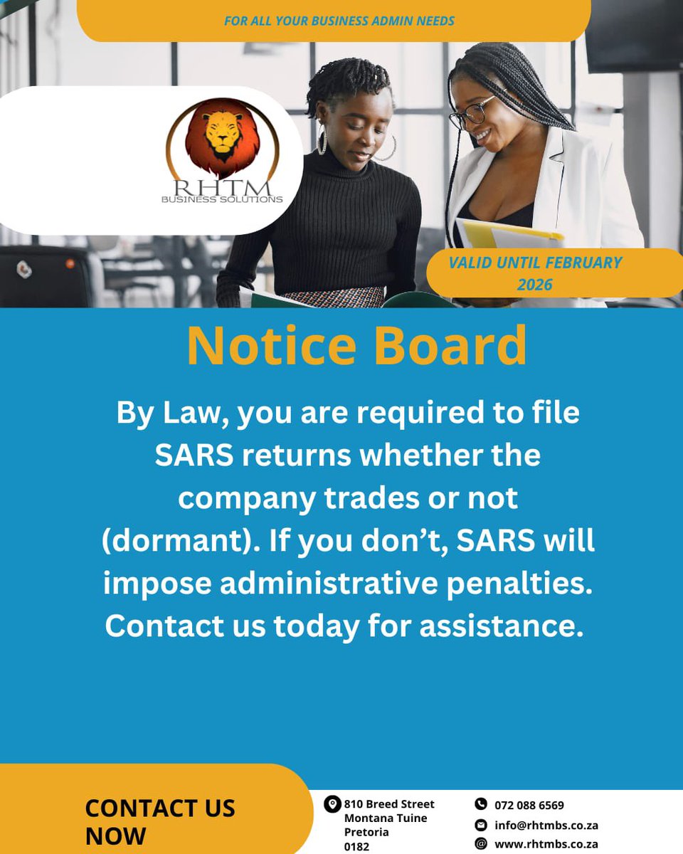 Rhtmbs's tweet image. Avoid Admin Penalties from SARS whether your company traded or not, contact us today to help you file! 

📞: 0720886569 or 0659596238(available on WhatsApp)
📧: info@rhtmbs.co.za
🌍: rhtmbs.co.za
📍: 810 Breed Street, Montana Tuine, Pretoria