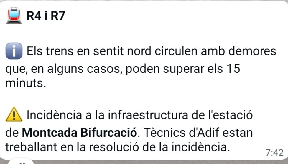 ☀️ Bon dia a tothom menys als tècnics d'Adif! 

Avís d'incidència a Montcada i Bifurcació que afecta per ara a l'R4 i R7!! ⚠️
