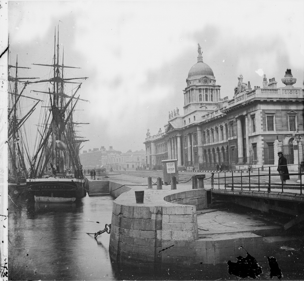 The sailing ship Adolphine moored at the Custom House in Dublin, with a swivel bridge in the foreground, c. 1880
