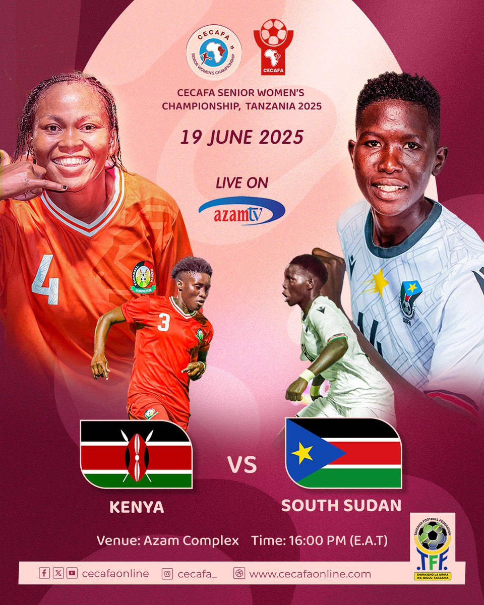 Match Day 4 | Today's results are set to influence the final standings of the teams dramatically. Get ready for an electrifying showdown! 

Kenya 🇰🇪 V South Sudan 🇸🇸 at 16:00 hrs

Uganda 🇺🇬 V Tanzania 🇹🇿 at 19:00 hrs

#CECAFASeniorWomensCahmpionship2025