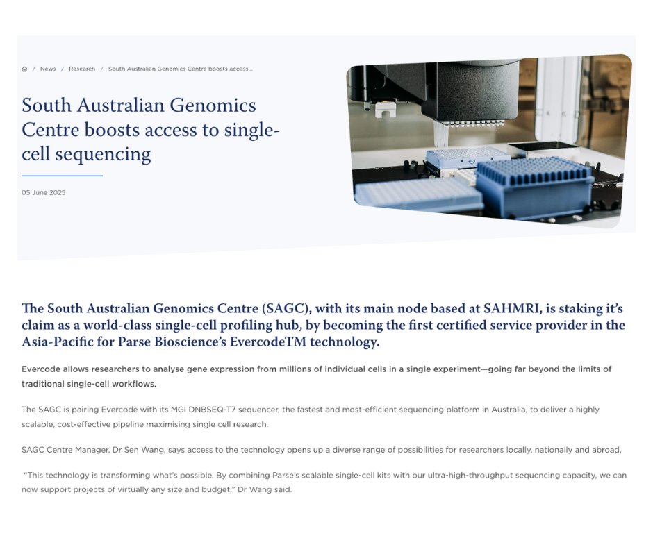 SA_genomics's tweet image. 🚀 A huge thank you to @SAHMRI for highlighting our work in their latest article! The SAGC is proud to be a CSP for @ParseBio. This collaboration significantly enhances our capability for high-throughput, flexible single-cell sequencing.🔗 Read more: sahmri.org.au/news/research/…