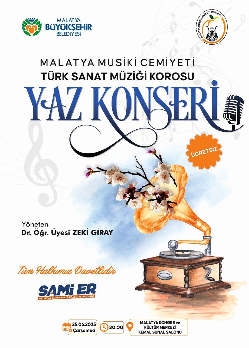 🎶 Yaz Akşamlarına Türk Sanat Müziğiyle Nostaljik Bir Dokunuş! 

Malatya Musiki Cemiyeti Türk Sanat Müziği Korosu’nun değerli eserlerinden oluşan Yaz Konserine tüm hemşehrilerimizi bekliyoruz.

🎤 Yöneten: Dr. Öğr. Üyesi Zeki Giray
📍 Malatya Kongre ve Kültür Merkezi - Kemal
