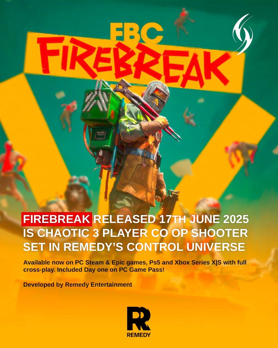 smart_gama's tweet photo. FBC: Firebreak is OUT NOW! Released June 17, 2025.
3-player co-op FPS set in Remedy’s Control universe. Available on PC (Steam &amp; Epic), PS5 &amp; Xbox Series X|S with full cross-play. Included on PC Game Pass &amp; PS Plus Extra.
Get ready to breach the Oldest House! 🚪🎮 #FBCFirebreak https://t.co/K2lv6pFOsD