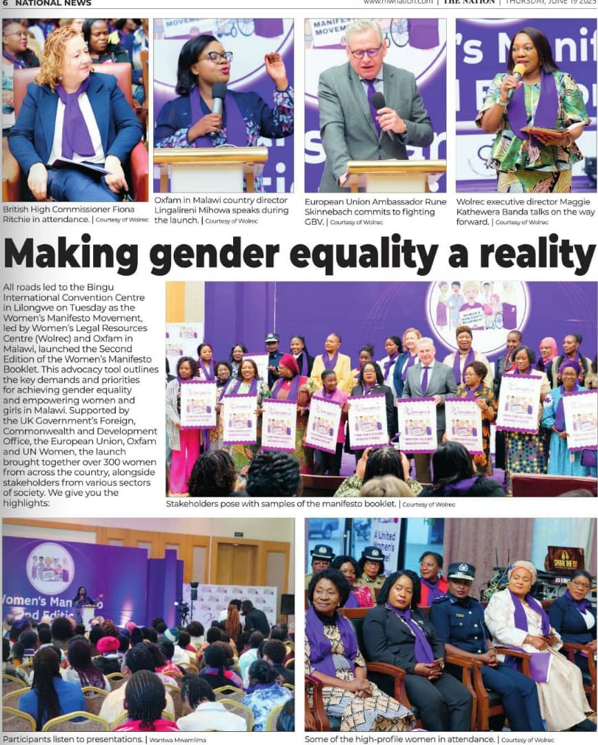 #WOLREC: We are still celebrating the successful launch of the Second Edition of the Women’s Manifesto.
 #timeforafocusedwomensvoice 
#MakingGenderEqualityAReality
<a href="/WW2PreventVAWG/">What Works II</a>
<a href="/OxfamMalawi/">Oxfam in Malawi</a>