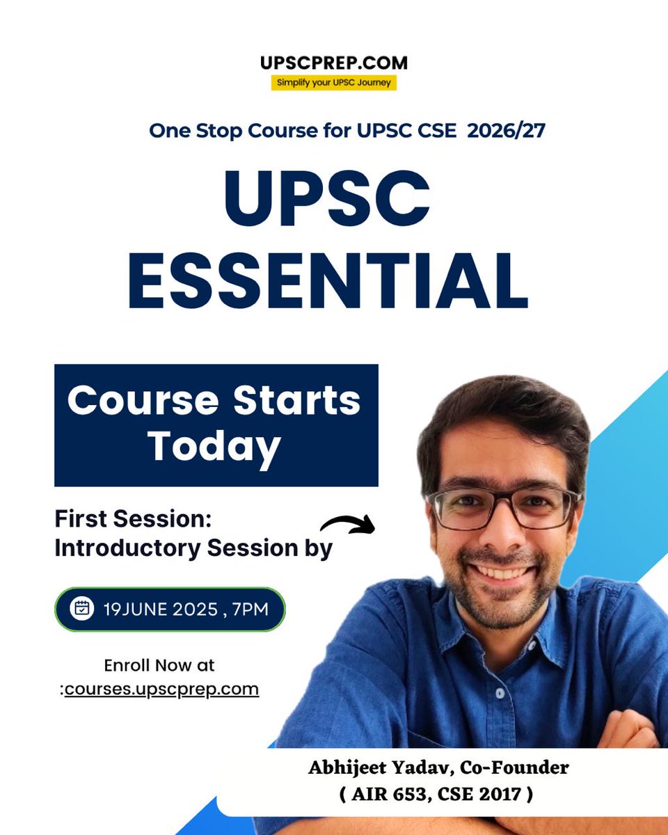 So it begins today! 🤗

The UPSC Essential 2026 first session will go live at 7 PM.

It will be an introductory session by Abhijeet Yadav (Co-Founder, upscprep.com).

See you all today — your journey for the 2026 attempt begins now!

🔗 Enroll now: