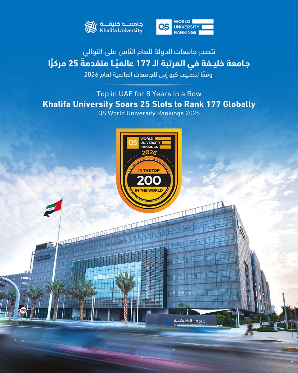 جامعة خليفة تتقدم 25 مركزًا لتحلّ في المرتبة الـ 177 عالميًا في تصنيف كيو إس للجامعات العالمية 2026

researchku.com/news-extended/…

#Khalifauniversity Soars 25 Slots to 177th Globally in QS World University Rankings 2026

ku.ac.ae/khalifa-univer…

#QS #QSWorldUniversityRankings
