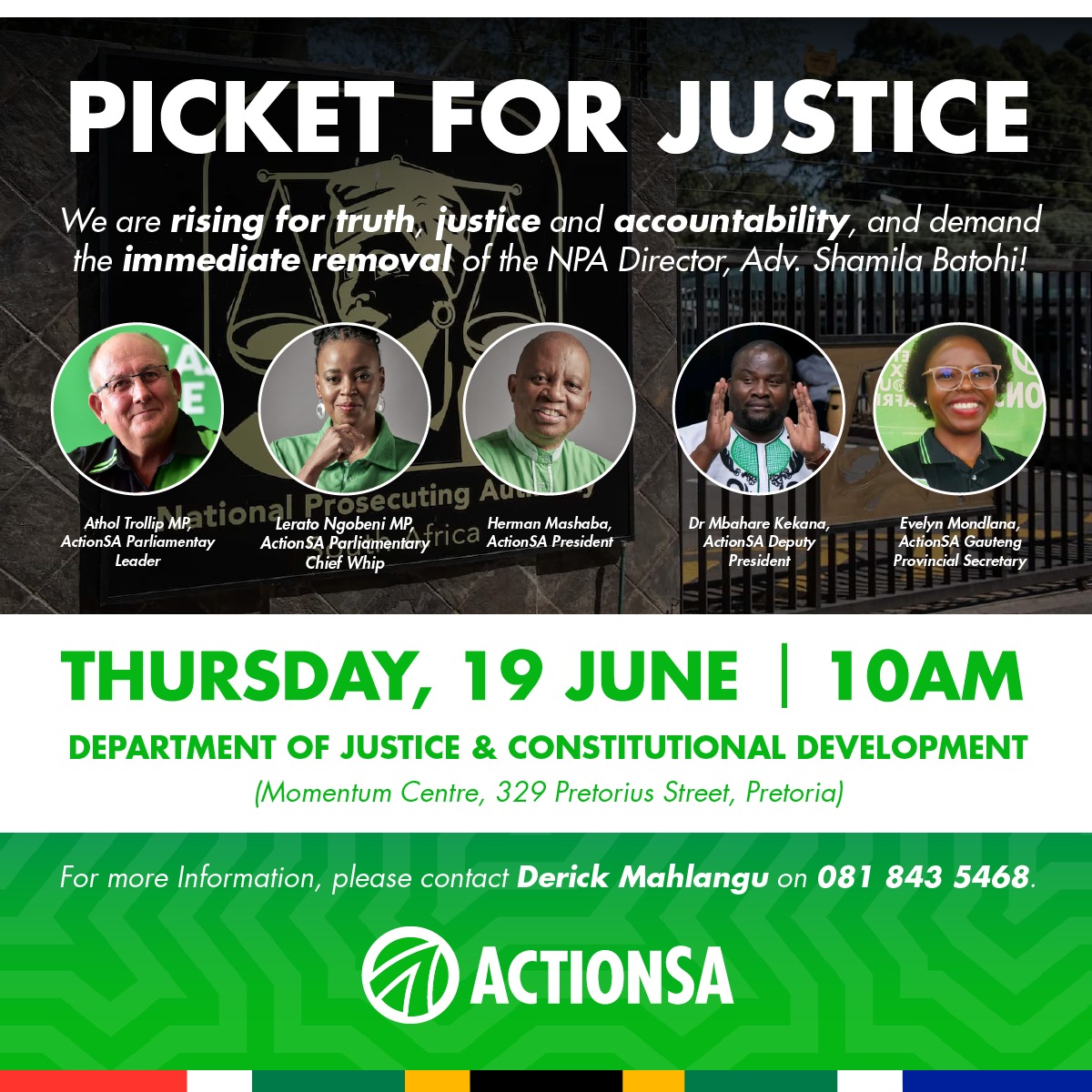 ActionSAEC's tweet photo. Vandagoggend gaan ons buite die kantoor van die Minister van Justisie in Pretoria betoog om die onmiddellike verwydering van die NPA-hoof, advokaat Shamila Batohi, te eis. https://t.co/jGSK2NLZDY