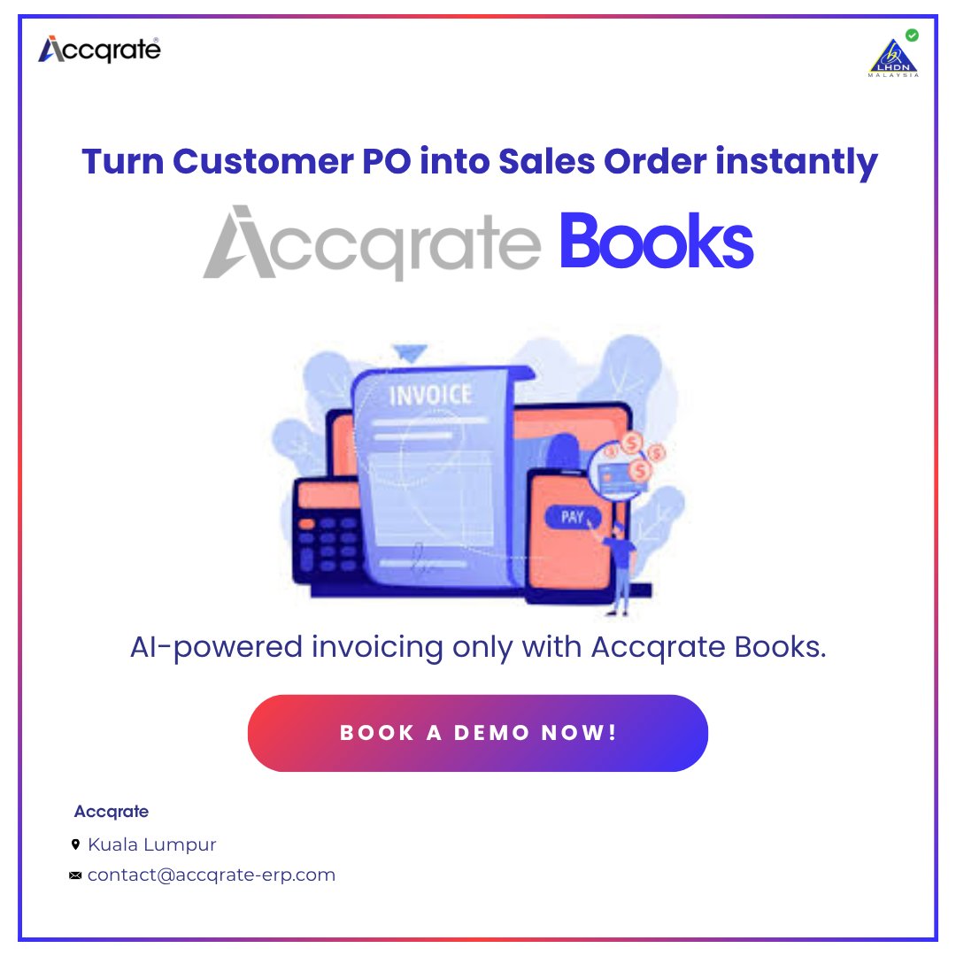 Accqrate_MY's tweet image. Simplify your invoicing workflow with #AccqrateBooks—AI-driven automation instantly converts customer POs into sales orders for faster, error-free invoicing.

#LHDN #AIinvoicing #MalaysiaBusiness #SmartAutomation #BusinessEfficiency