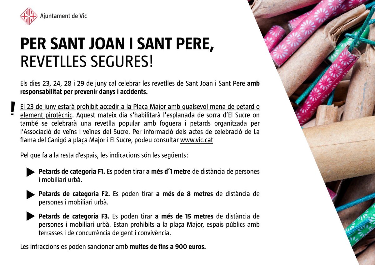vic_gurbana's tweet photo. A causa de les incidències d’anys anteriors, a la revetlla de Sant Joan d’enguany no es permetrà l’accés amb petards a la plaça Major de #Vic, especialment entre les 18 i les 02 hores. 
L’ús responsable i adequat que se n’ha de fer a la resta de ciutat el teniu aquí 👇 https://t.co/SS7IEqk9Bq