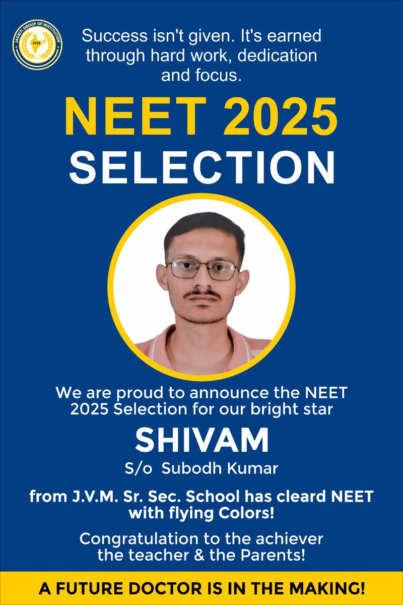 jagritigroup's tweet photo. From classrooms to clinics!
Shivam’s NEET journey begins now –
We’re proud, we’re inspired, we’re celebrating! 🎉 https://t.co/icuyhBFUYD