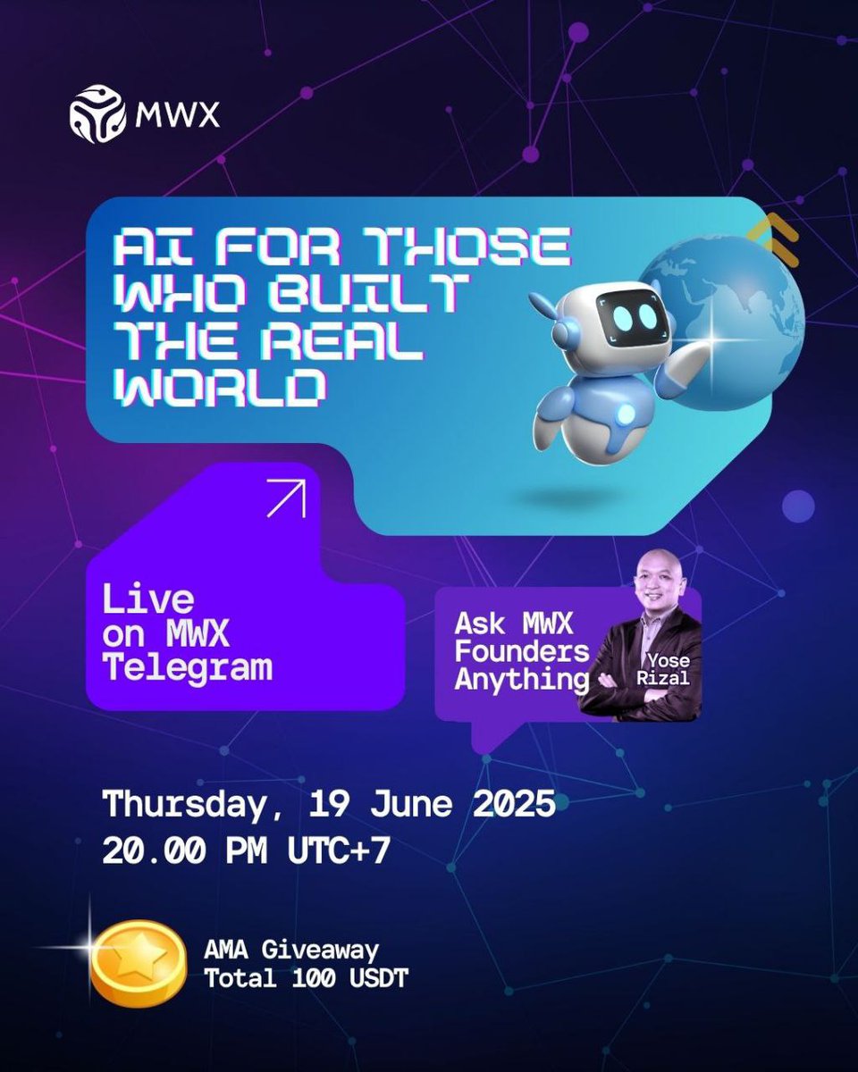 Join MWX Founder &amp; CEO, Yose Rizal, LIVE on Telegram this Thursday, June 19, 2025, at 20:00 PM UTC+7. 

This is your chance to ask anything about MWX, the first global Decentralized Agentic AI Marketplace for businesses!

  100 USDT  rewards for 10 lucky winners