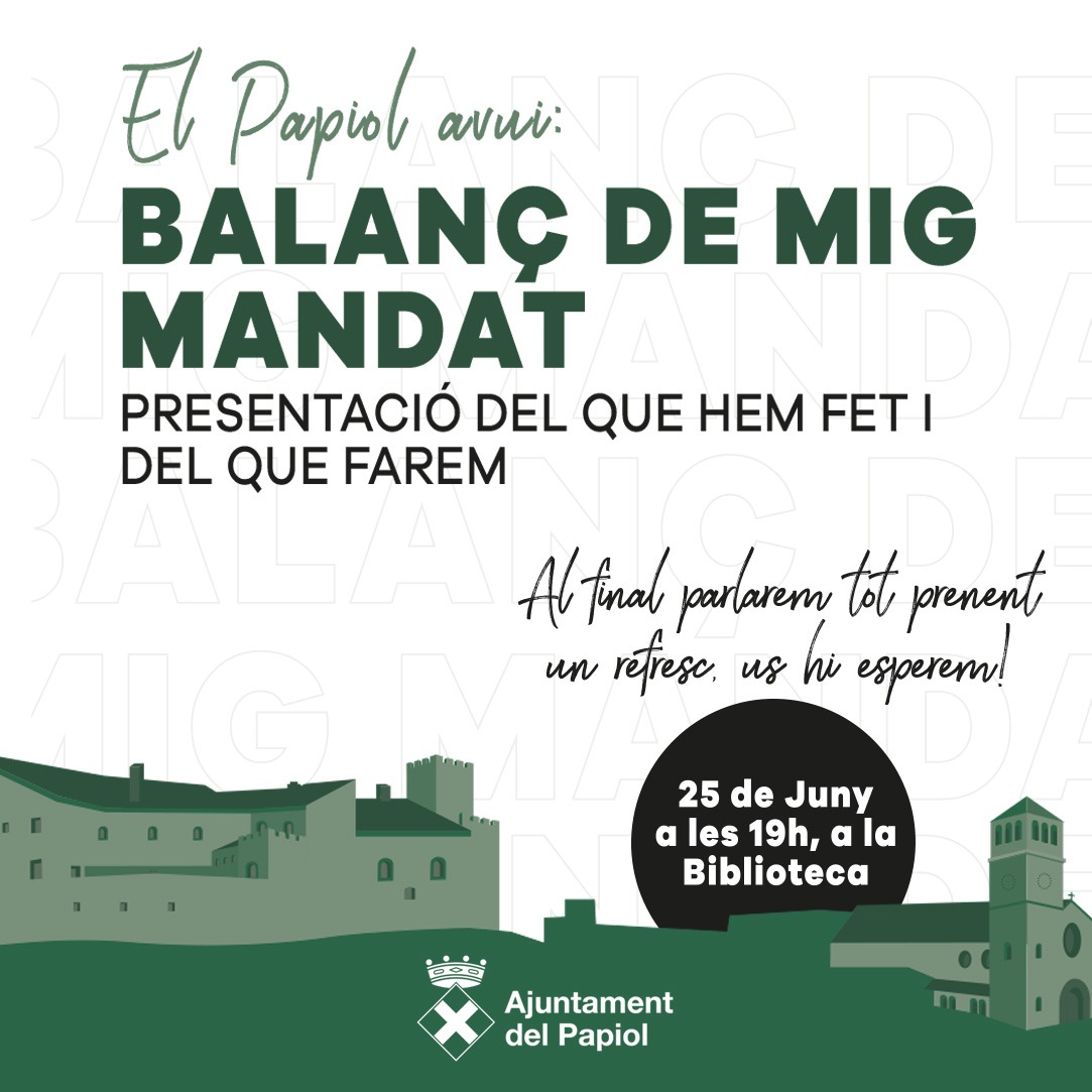 📣El Papiol us convida al balanç de mig mandat
👉Ja hem arribat a l’equador del mandat municipal i volem compartir amb vosaltres tot el que hem fet fins ara... i també tot el que tenim previst fer!
🤝 Al final de la trobada, es podrà continuar la conversa tot prenent un refresc!
