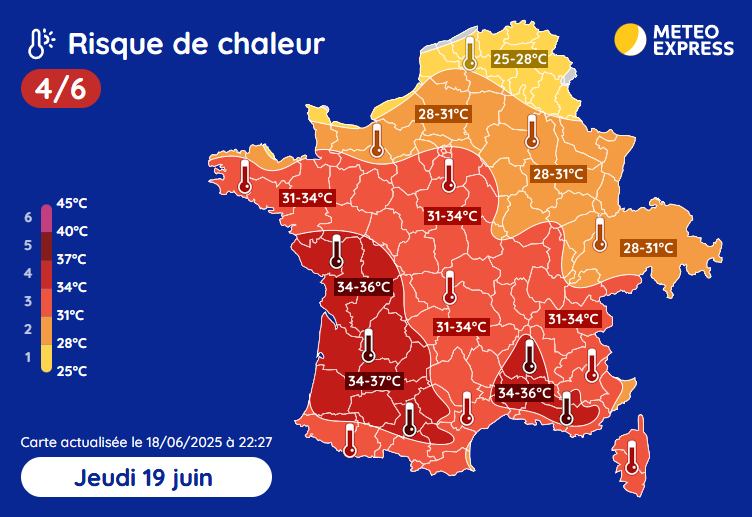 🥵 Les fortes chaleurs s'étendent ce jeudi. Jusqu'à 37°C possibles en Aquitaine ! ➡ meteo-express.com/previsions/pre…