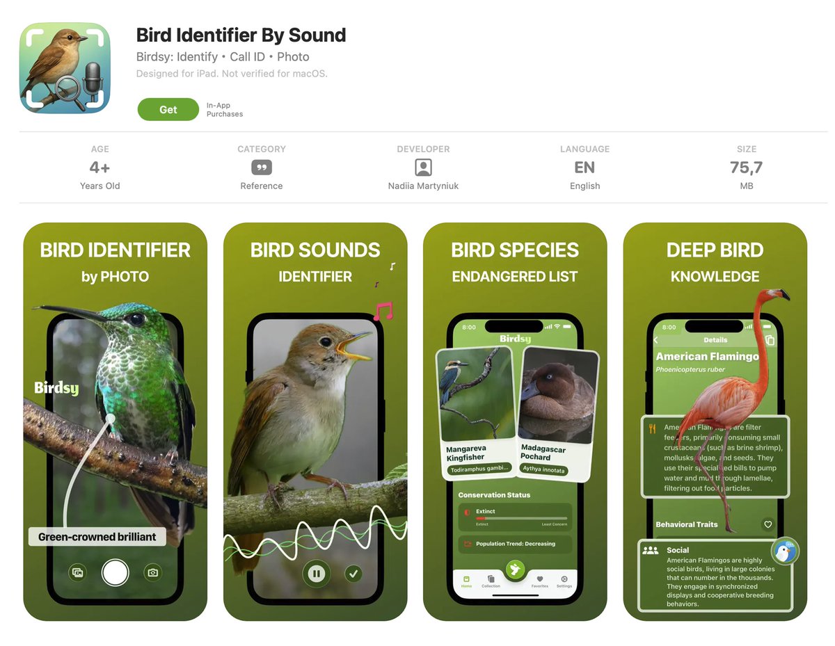 mikeapps's tweet image. 🚨 New App Launch! 🚀
Meet Birdsy — your AI-powered bird identification companion 🐦💡
Snap a photo or record a sound, and instantly discover what bird it is!
Perfect for birdwatchers, nature lovers, and curious minds 🌿✨
#BirdsyApp #BirdWatching #AIforNature #BirdLovers #ios