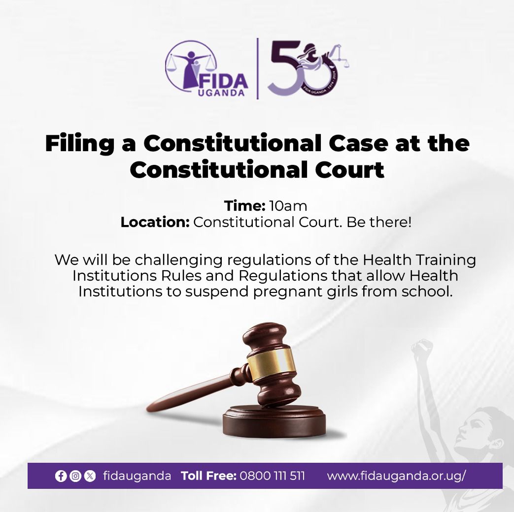 SarahAnzoa's tweet image. 📢Join us as we take a bold step for justice!
FIDA Uganda will be filing a Constitutional Case at the Constitutional Court challenging regulations that allow the suspension of pregnant girls from Health Training Institutions
🕙 Time: 10am
📍 Location: Constitutional Court