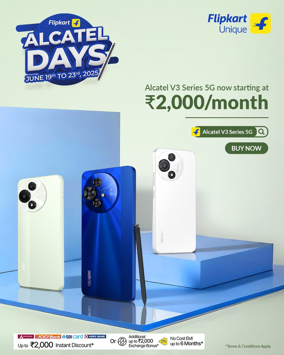 Flipkart brings you Alcatel Days.
From June 19th to 23rd June .

Alcatel V3 Series 5G now at ₹2,000/month with 6 months No Cost EMI.

Buy now: bit.ly/AlcatelV3Serie…

#AlcatelDays #AlcatelV3Series5G #AlcatelxFlipkart
#FlipkartExclusive #Innovation #enjoynow