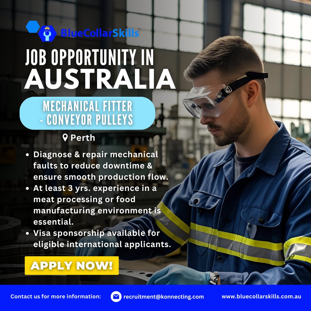 BlueCollarSkill's tweet image. Job opportunity in Australia! - MECHANICAL FITTER
 Apply now: recruitment@konnecting.com 

 Full details: hubs.la/Q03sQffT0

#MechanicalFitter #PerthJobs #AussieTradeJobs #SkilledVisaAus #FoodManufacturing #VisaSponsorship #BlueCollarSkills #MeatProcessing