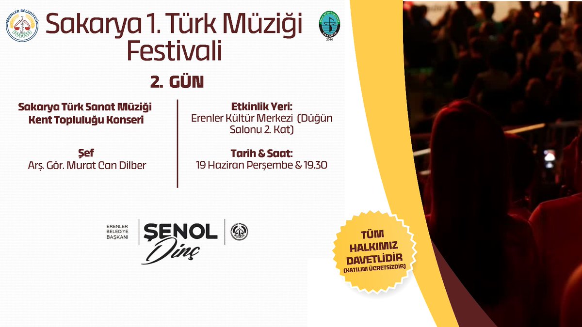 SenolDincCc's tweet photo. Sakarya 1. Türk Müziği Festivali’nde 2. gün 🎶

Tüm hemşehrilerimizi müzik dolu bir akşam için bekliyoruz 😊

Detaylar ⤵

🎻 Sakarya Türk Sanat Müziği Kent Topluluğu Konseri
🕢 19.30
🗓 19 Haziran Perşembe (Bugün)
📍 Erenler Kültür Merkezi (Düğün Salonu 2. Kat)

(Katılım Ücretsizdir)