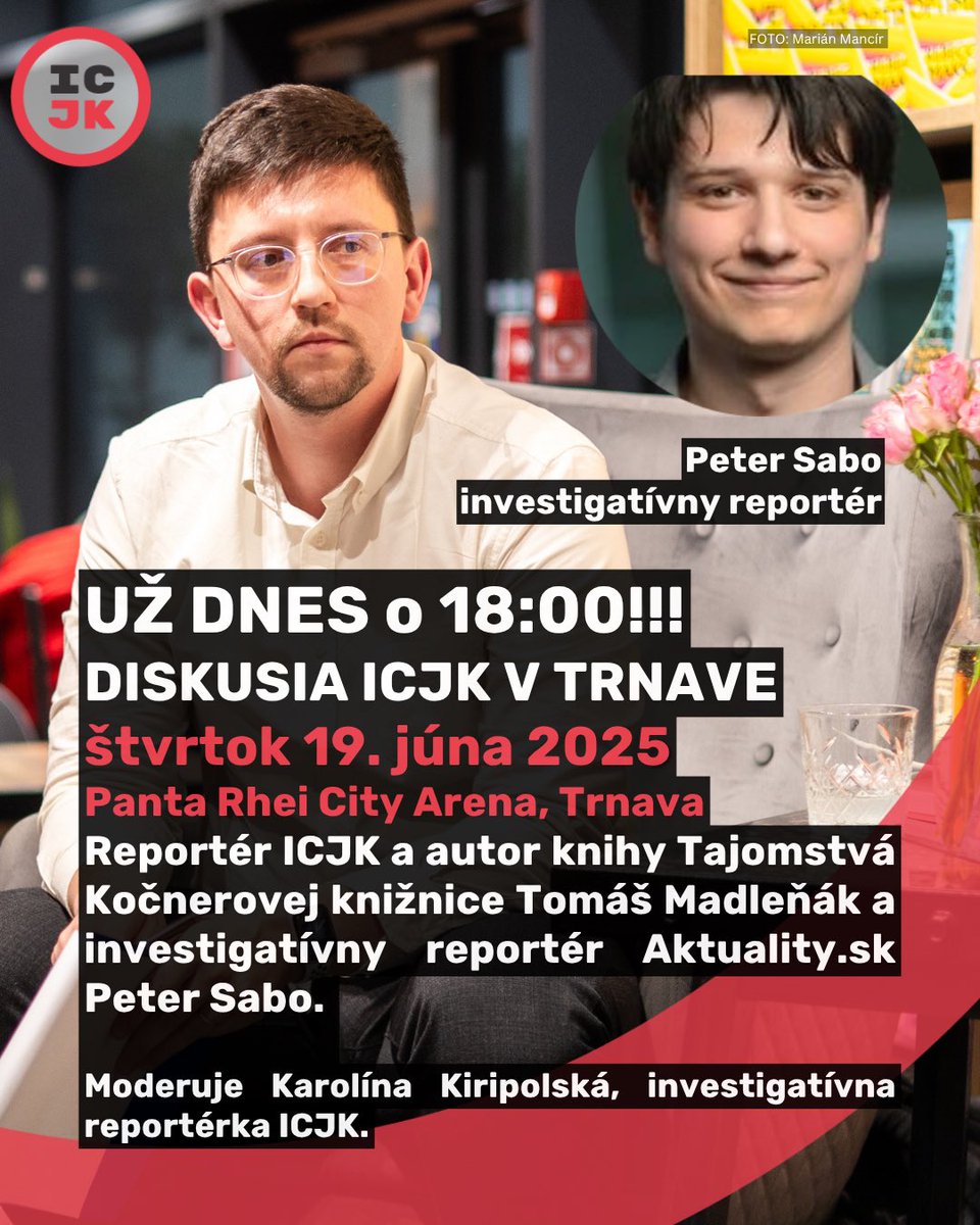 ‼️ TRNAVA. Už dnes o 18:00 diskusia ICJK v Trnave v kníhkupectve Panta Rhei, City Arena s Tomášom Madleňákom z ICJK a reportérom Aktuality.sk Petrom Sabom.

facebook.com/events/s/nitra…
