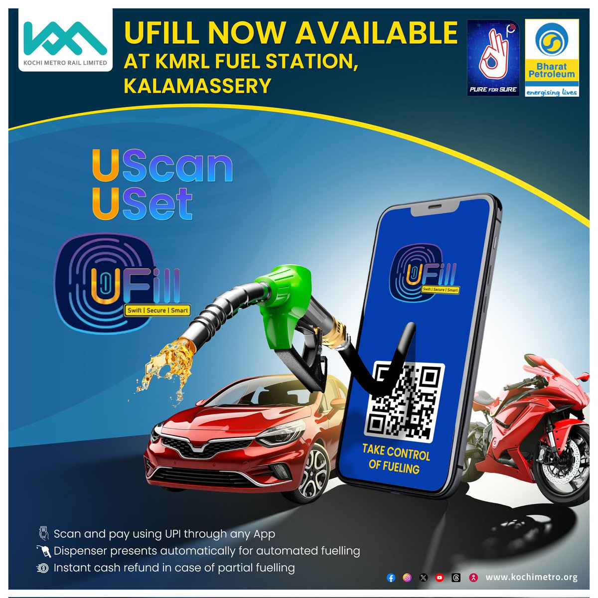 MetroRailKochi's tweet image. U-Fill Facility at the KMRL- @BPCLimited fuel station in Kalamassery! 🌟
 Enjoy a seamless fueling experience at your convenience. 
Stop by and try it out today! #KochiUpdates #FuelSmart #BPCL