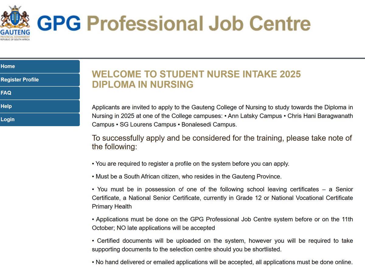 Gauteng College of Nursing Learnership intake 2025
Estimated Stipend R4000 PM
Requirements: Grade 12 
To Apply: youthspace.co.za/gauteng-colleg…