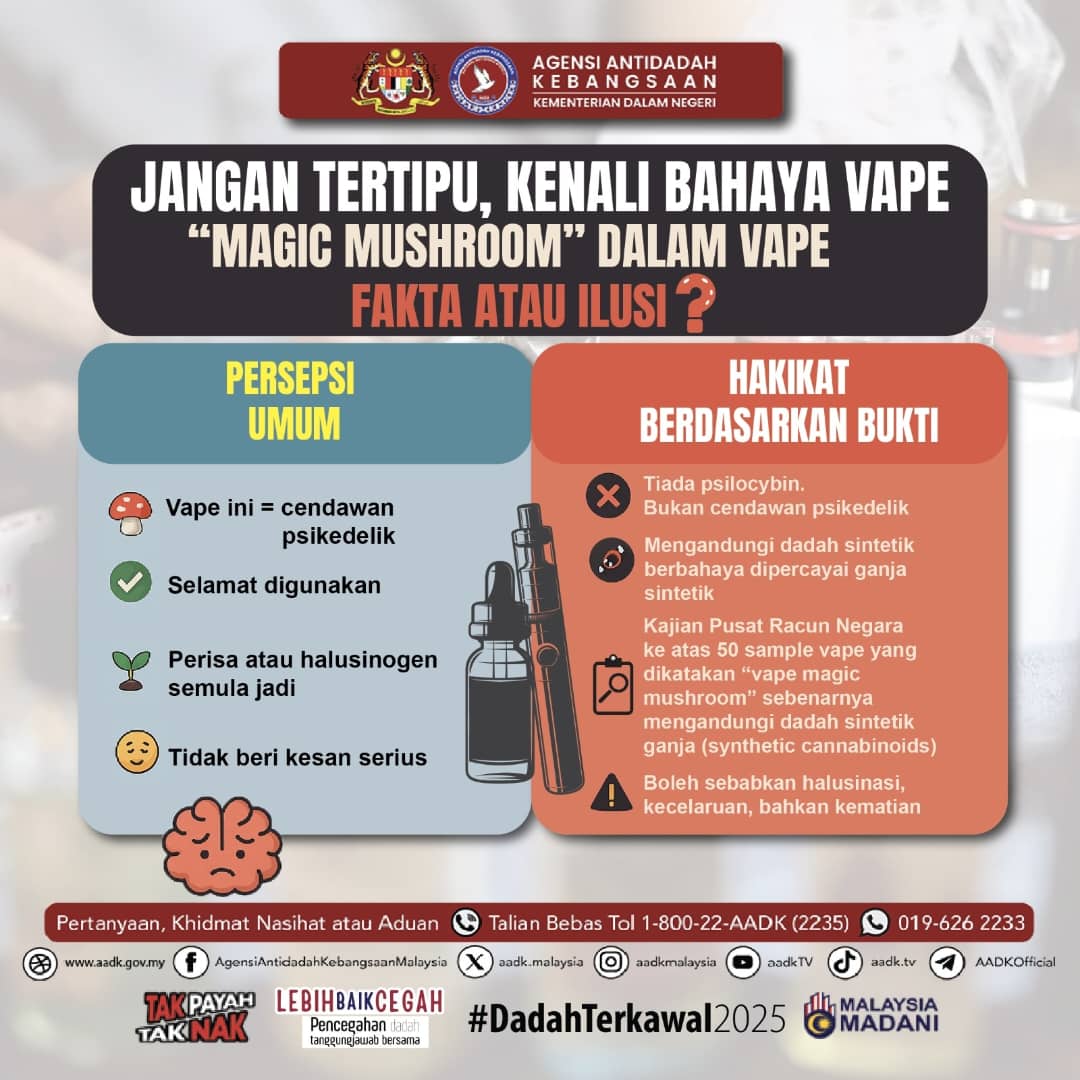 INFO GRAFIK BAHAYA MAGIC MUSHROOM DALAM VAPE: FAKTA ATAU ILUSI ?

Ramai sangka vape ini berasaskan cendawan psikedelik semulajadi dan selamat digunakan.