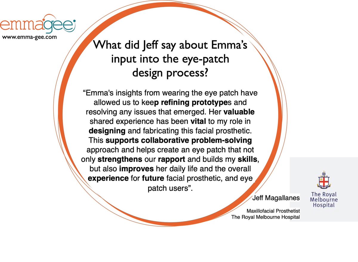Em has now been involved in designing and refining a facial prosthetic eye-patch with Jeff, a Maxillofacial Prosthetist from <a href="/TheRMH/">The Royal Melbourne Hospital</a> #stroke #prosthetic #recovery #health #livedexperience #insight #emmagee