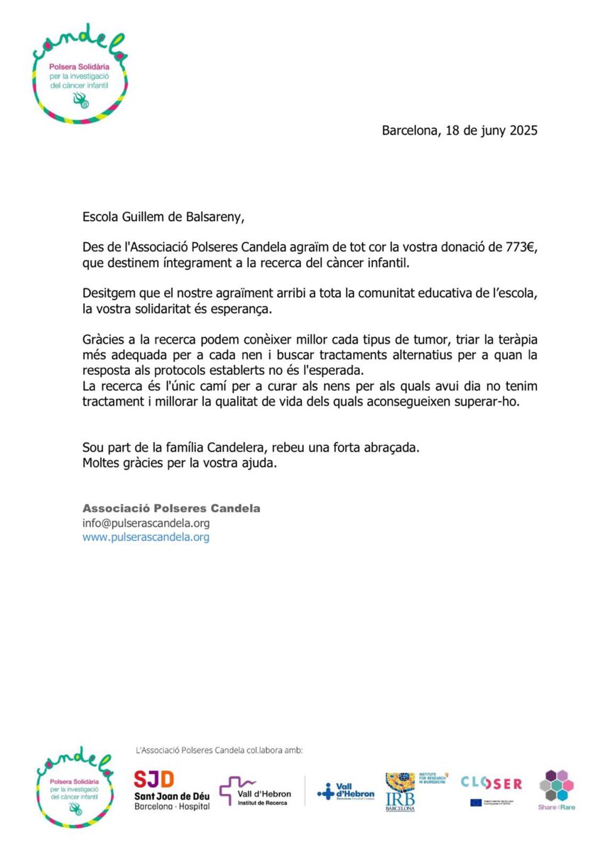 e_guillem's tweet photo. Hem recaptat 773€ amb la venda de Polseres Candela. Felicitats noies i nois https://t.co/arkJXdLv61