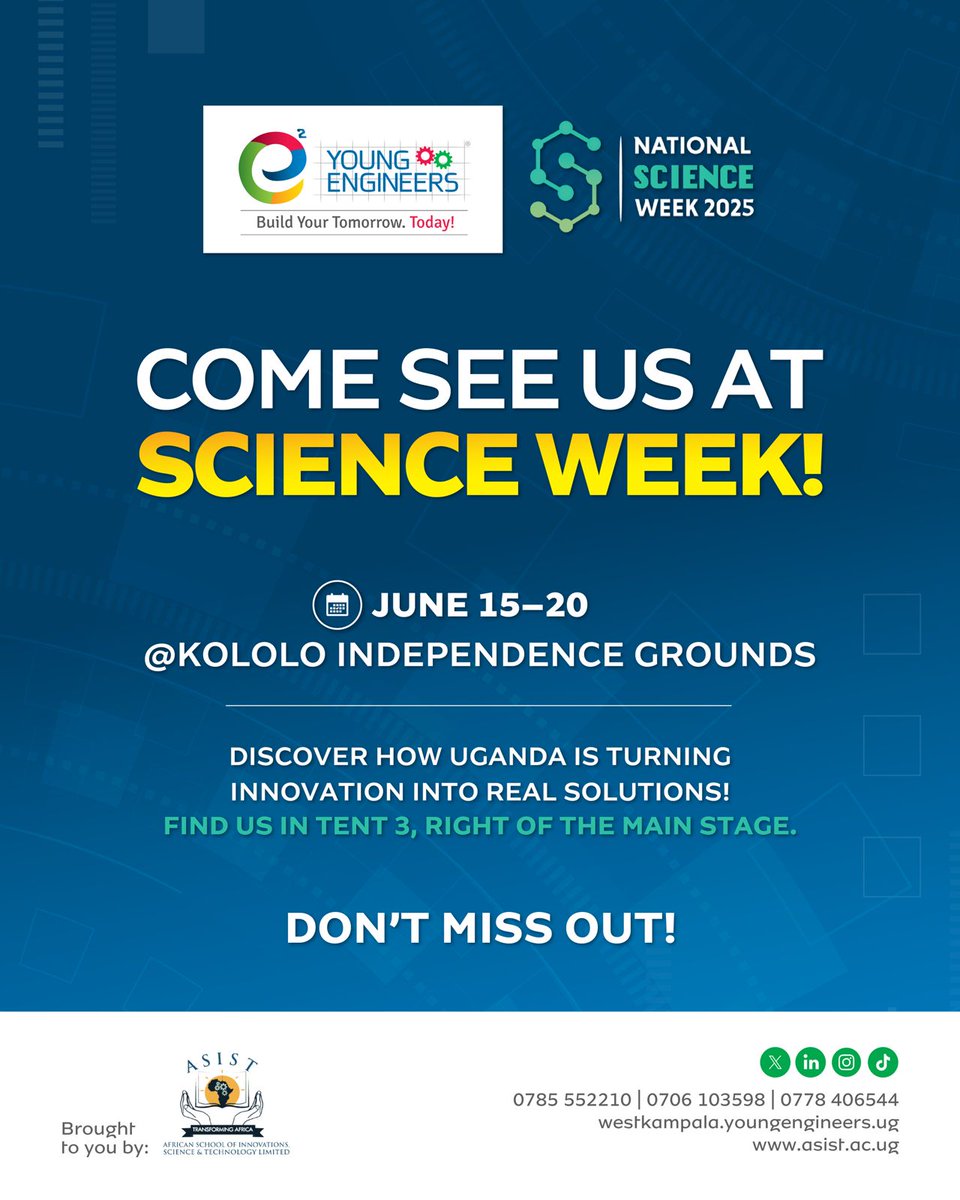 YoungEngneersUG's tweet photo. Come visit us at the National Science Week!
Explore our exciting STEM projects, meet our brilliant young innovators, and learn how you can be part of the future of education.
#NSW25 #YoungEngineers #STEMinUganda https://t.co/ar2r2tKrQi