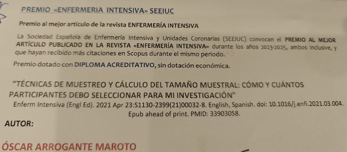 ☺️Muy agradecido a la revista Enfermería Intensiva y SEEIUC por concederme el premio al Mejor Artículo publicado en la revista durante los años 2022-2024☺️

🚨Artículo gratuito “Técnicas de muestreo y cálculo del tamaño muestral” 👉🏼 elsevier.es/es-revista-enf… 🚨

<a href="/seeiucoficial/">SEEIUC</a>