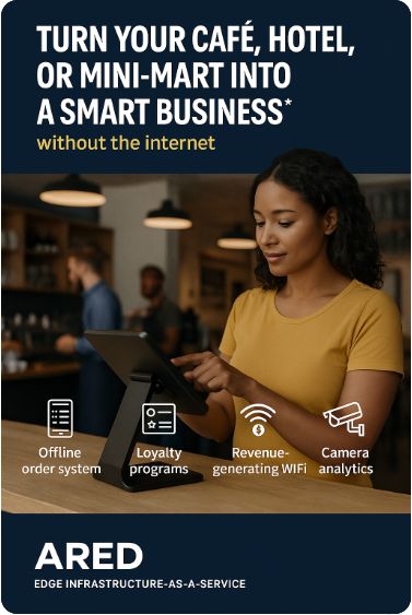 Our edge platform lets you: 
📲 Run offline operations 
🎁 Launch loyalty 
📡 Offer guest Wi-Fi for revenue 
🎥 Even local camera analytics! 
All starting $30/month. No IT. Just plug, play, grow.
 DM for free consultation!  #Innovation #SMEGrowth #OfflineFirst #AfricanTech