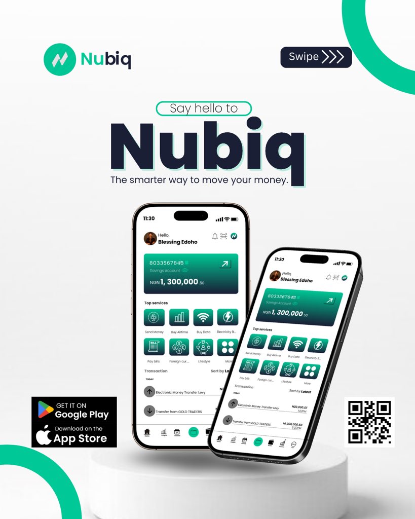 SpecEdoho's tweet image. I worked on a Design for a Fintech Brand called ‘NUBIQ’
The Rationale of this brand is to provide seamless and easy access to money anywhere and everywhere.
So, on an empty canvas, I brought NUBIQ to life.