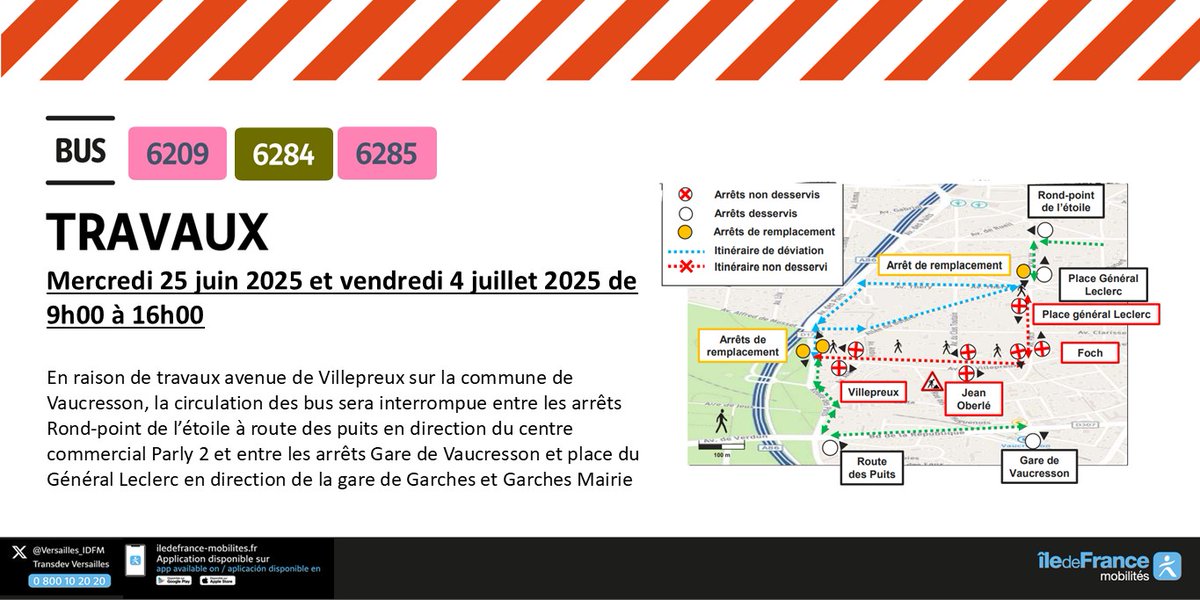 ⚠️#Perturbations #InfoTrafic L6209-6284-6285
🗓️Le mercredi 25 juin et le vendredi 4 juillet 2025
🚧Travaux Avenue de Villepreux à Vaucresson
❌Arrêts Villepreux, Jean Oberlé, Foch et Place général Leclerc non desservis
✅Report aux arrêts de remplacement
