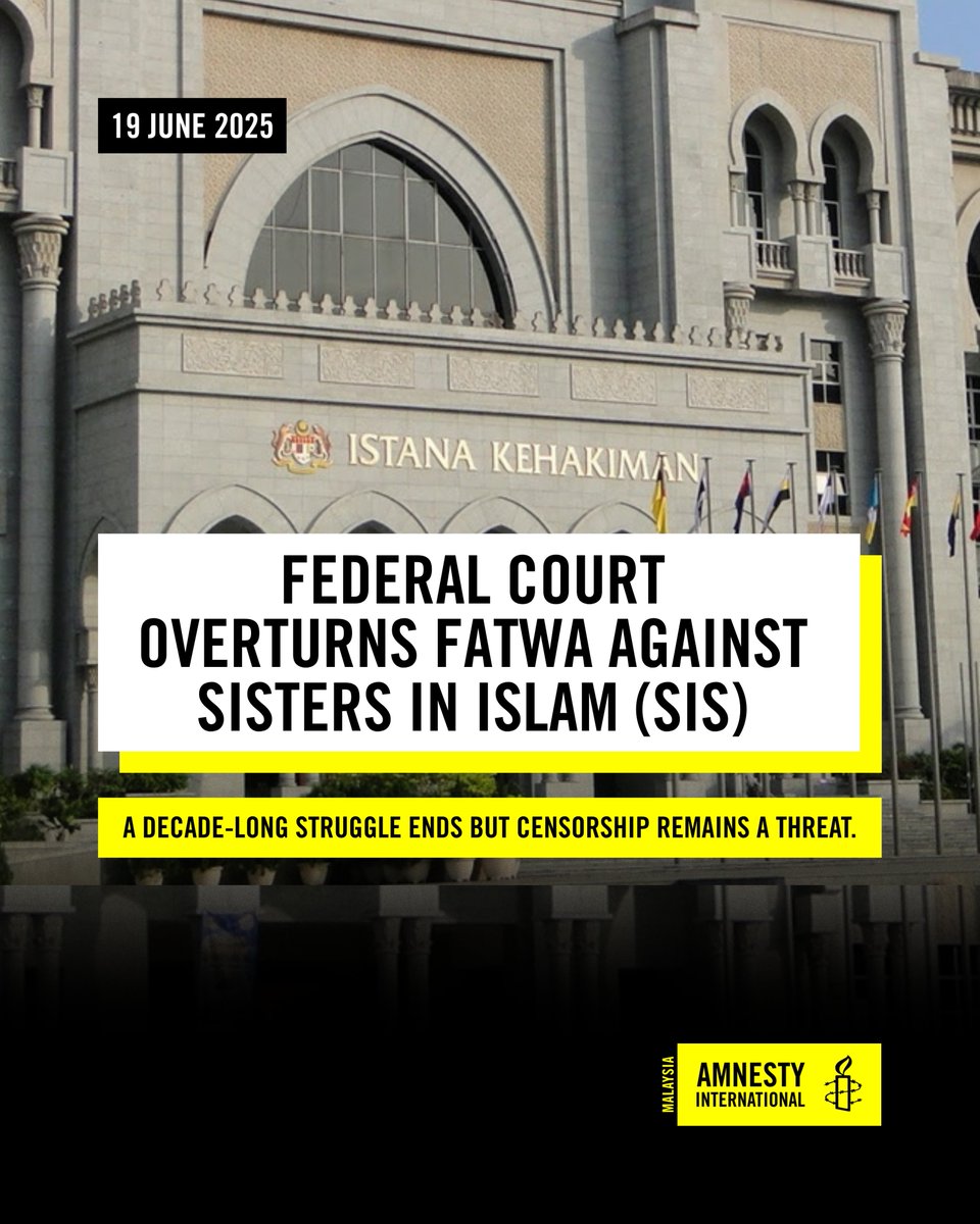 Amnesty International Malaysia (@amnestymy) on Twitter photo The Federal Court today overturned a 2014 fatwa against <a href="/SistersinIslam/">Sisters in Islam</a> and struck out orders banning their publications and social media.
A long-overdue win—but censorship still looms.
Malaysia should uphold and protect freedom of expression for all! The Federal Court today overturned a 2014 fatwa against <a href="/SistersinIslam/">Sisters in Islam</a> and struck out orders banning their publications and social media.
A long-overdue win—but censorship still looms.
Malaysia should uphold and protect freedom of expression for all!