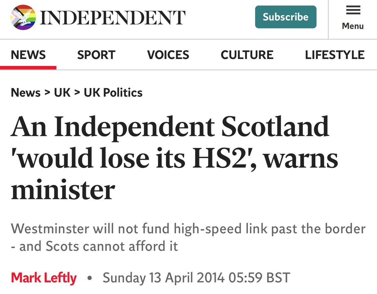Just a wee reminder from before the indyref 😬 

We were threatened with ‘losing’ HS2 in the event of independence - now contributing to it through tax but no stops in Scotland.