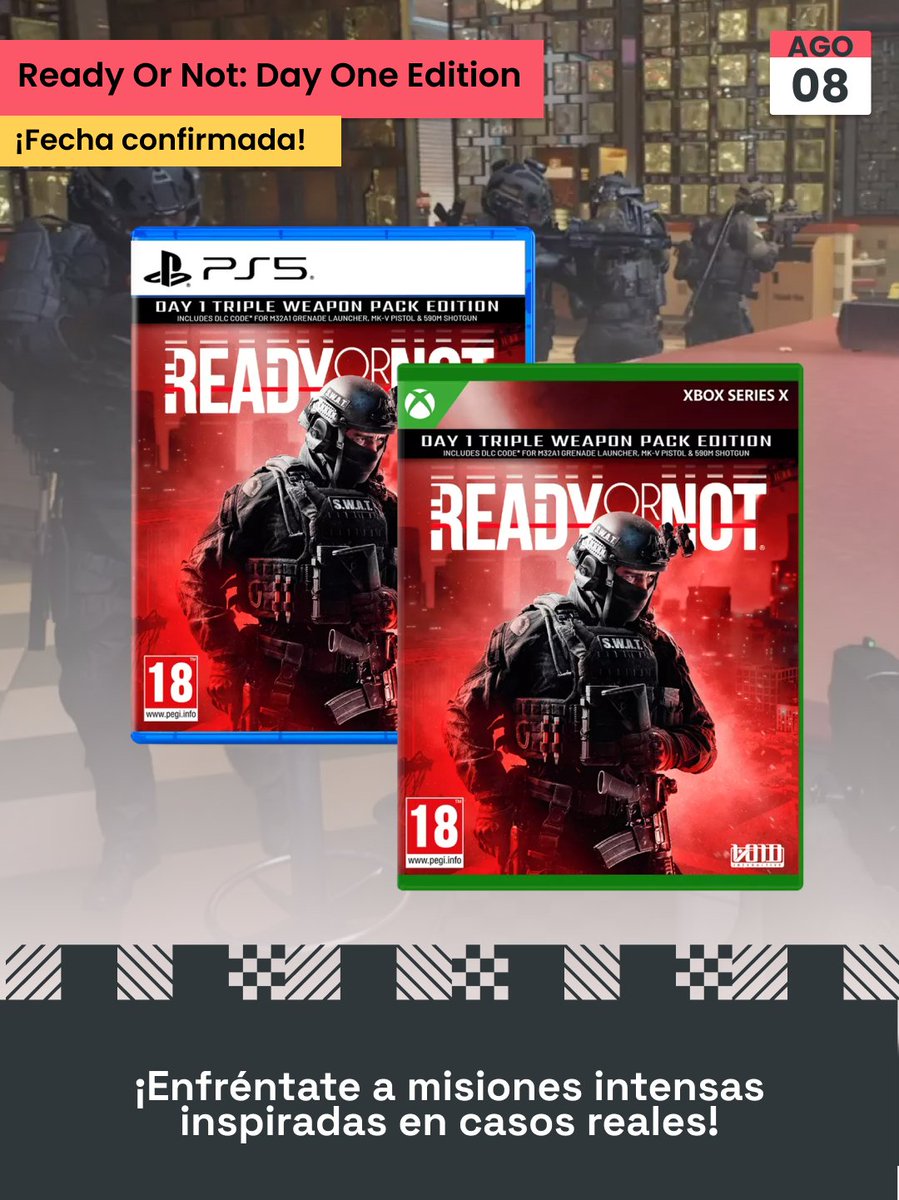 Fecha confirmada del lanzamiento de #ReadyOrNot📅

El 8 de agosto te convertirás en un comandante SWAT con la misión de restaurar el orden de una ciudad llena de crimen💥 

Enfréntate a misiones intensas inspiradas en casos reales😱

RESERVA  ➡️ tinyurl.com/42aunf9c