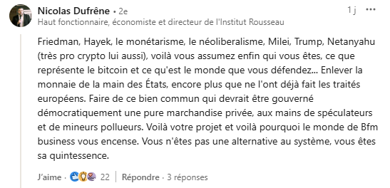 Du grand Dufrêne. Citer Hayek et Friedman dans la même phrase sur la question monétaire (!) ou encore les amalgamer avec les politiques actuels… Tout cela est très brouillon et simpliste et relève plus d’un point de vue idéologique brouillon que d’un point de vue économique