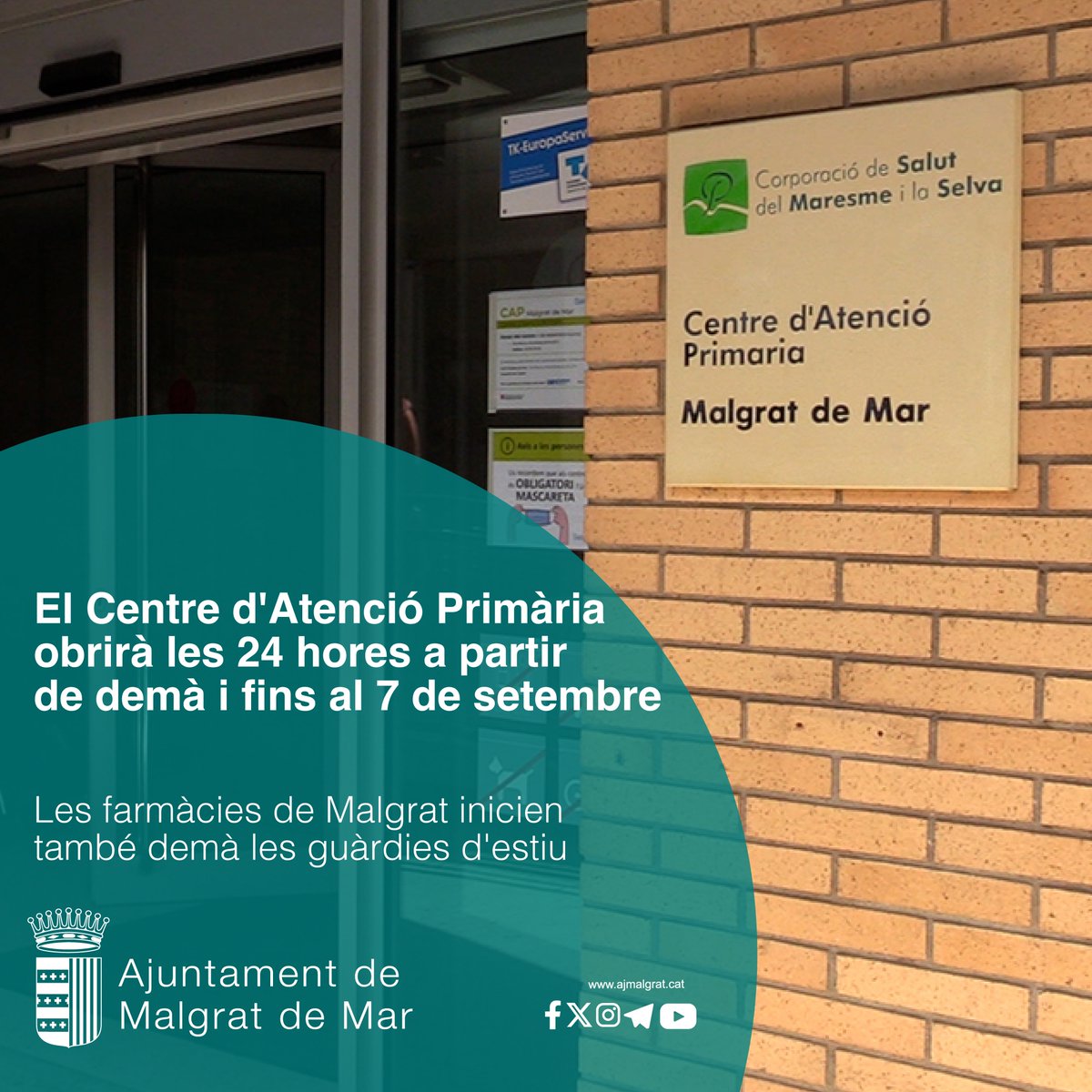 ▶️El Centre d'Atenció Primària inicia el servei nocturn d'urgències demà divendres

✅Coincidint amb l'obertura del CAP a les nits, les farmàcies de Malgrat comencen també les guàrdies d'estiu

➕Info👇
ja.cat/zway5

#malgratdemar #salut