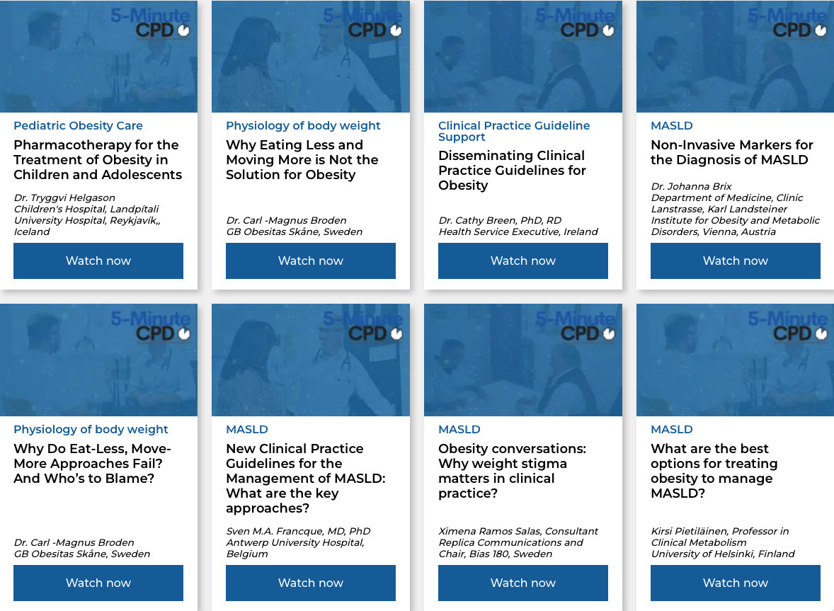 Obesity Micro-learning Modules

We are pleased to share a new set of micro-learning modules for clinical practitioners!
The EASO 5-Minute CPD is an e-learning programme based around compelling, evidence-based micro-learning modules.

easo.org/5-minute-cpd/