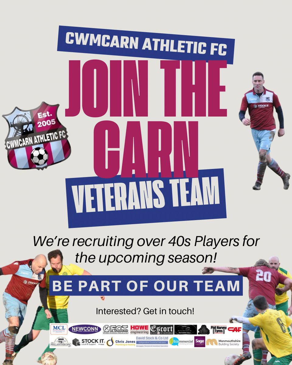⚽️ Over 40 and still got it?

Cwmcarn Athletic FC Vets are looking to build on last season’s success and are recruiting players for the upcoming season! 💪

📩 DM us to get involved!

#UppaCarn🟣🔵