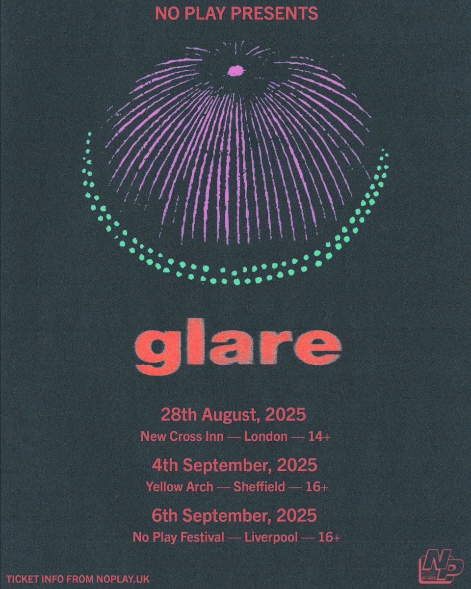 No Play will host <a href="/glaretx/">Glare</a>  this August/September

28.08.25 - London - <a href="/NewCrossInn/">New Cross Inn</a> 
04.09.25 - Sheffield - <a href="/YellowArch/">Yellow Arch Studios</a> 
06.09.24 - Liverpool - No Play Fest

Tickets are live tomorrow 10AM