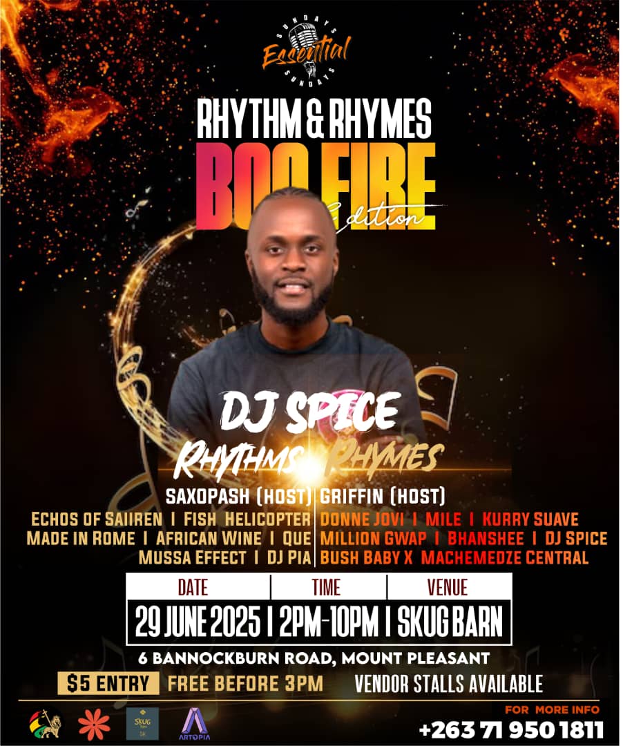 Fame Factory Zimbabwe (@famefactoryzim) on Twitter photo Essential Sunday returns with a bang - rhythm and rhymes bonfire edition at Skug Barn, June 29th from 2pm till 10pm. See you there
<a href="/saimusicc/">SAIIREN🖤</a> <a href="/kurrysuave/">Kurry Suave</a> <a href="/theafricanwine/">African Wine</a> <a href="/MussaEffect/">#DhuraDhuraDhura</a> <a href="/pia_sumn/">Bunsen’s Burner</a> <a href="/bushbabyxrated/">Bush Baby X</a>
<a href="/JanvicCreations/">JanVic Creations (Pvt.Ltd)</a> Essential Sunday returns with a bang - rhythm and rhymes bonfire edition at Skug Barn, June 29th from 2pm till 10pm. See you there
<a href="/saimusicc/">SAIIREN🖤</a> <a href="/kurrysuave/">Kurry Suave</a> <a href="/theafricanwine/">African Wine</a> <a href="/MussaEffect/">#DhuraDhuraDhura</a> <a href="/pia_sumn/">Bunsen’s Burner</a> <a href="/bushbabyxrated/">Bush Baby X</a>
<a href="/JanvicCreations/">JanVic Creations (Pvt.Ltd)</a>