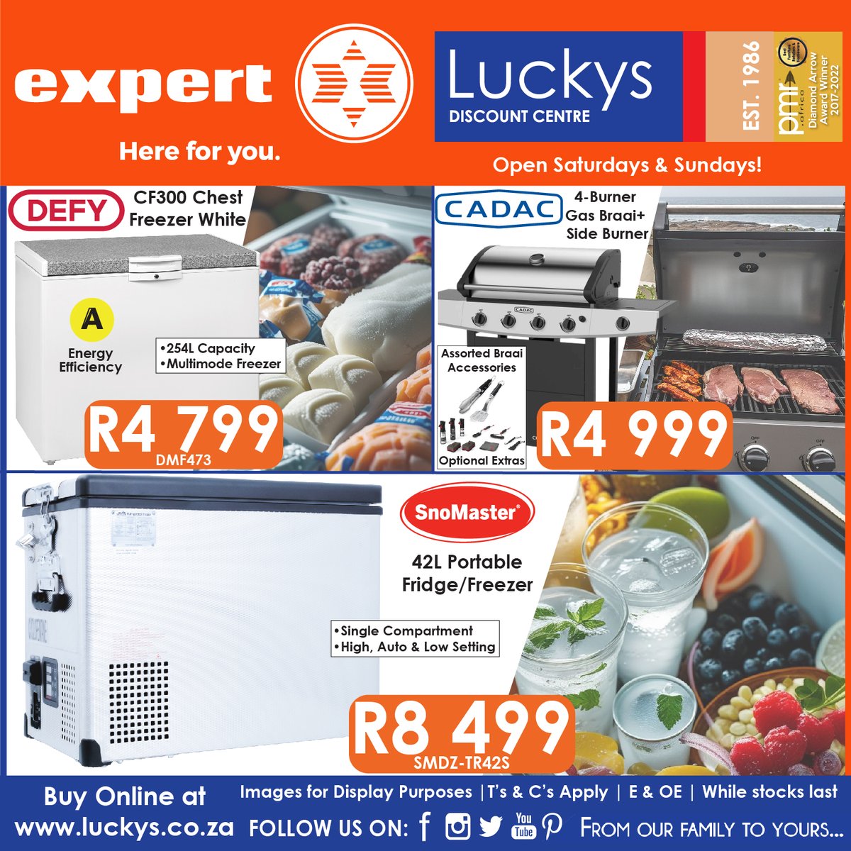 Upgrade your outdoor cooking and food storage with our Featured Deals! From the Defy Chest Freezer to the Cadac Gas Braai and Snomaster Portable Fridge/Freezer, we have everything you need. Shop online for exclusive discounts.
luckys.co.za/product-tag/Fe…