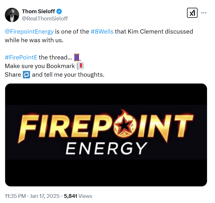 Prophetic_Money's tweet photo. See connected tweets below for screenshots of deleted twitter accounts of Thom Sieloff @RealThomSieloff
https://t.co/PxT6Okqaj3
@FirepointEnergy is one of the #8Wells that Kim Clement discussed while he was with us.
👇 https://t.co/2lSMReuXBu