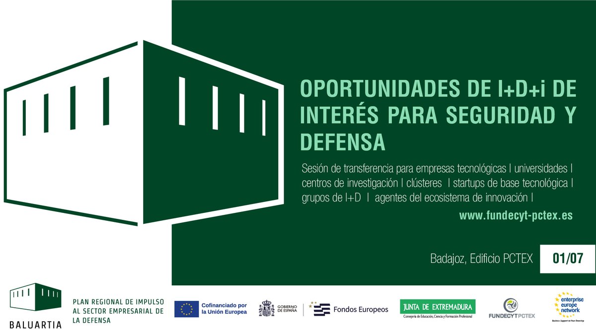 Educación, Ciencia y Formación Profesional (@educacionext) on Twitter photo ✅Una jornada dará a conocer las oportunidades de I+D en el sector de la seguridad y defensa para empresas e investigadores de Extremadura
👉🏻Será el 1 de julio en Badajoz, organizada <a href="/FundecytPCTEX/">FUNDECYT-PCTEX</a> dentro del Plan Regional Baluartia y <a href="/EuropeBrux/">EnterpriseEuropeBrus</a>
🔗juntaex.es/w/jornada-opor… ✅Una jornada dará a conocer las oportunidades de I+D en el sector de la seguridad y defensa para empresas e investigadores de Extremadura
👉🏻Será el 1 de julio en Badajoz, organizada <a href="/FundecytPCTEX/">FUNDECYT-PCTEX</a> dentro del Plan Regional Baluartia y <a href="/EuropeBrux/">EnterpriseEuropeBrus</a>
🔗juntaex.es/w/jornada-opor…