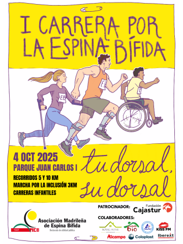 En 2025 Carrera por la Espina Bífida,carrera por la inclusión y la Visibilidad!
El Sábado 4 de octubre de 2025 en el Parque Juan Carlos I sobre un recorrido de 5km para dar una o dos vueltas y con una Marcha por la inclusión de 3km.
eventsthinker.com/espina-bifida/
ID RESERVANDO LA FECHA!